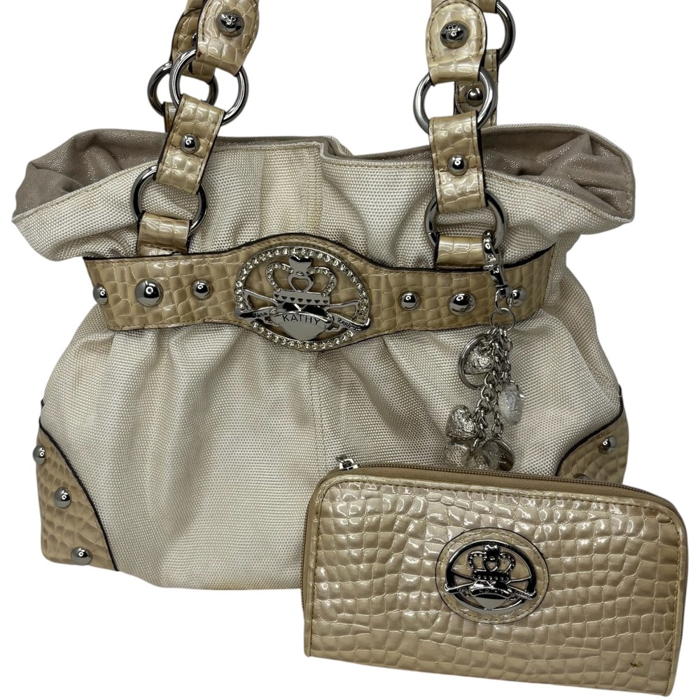 Kathy Van Zeeland Handbag Purse Wallet Set Beige Croc Rhinestone Charm Y2K